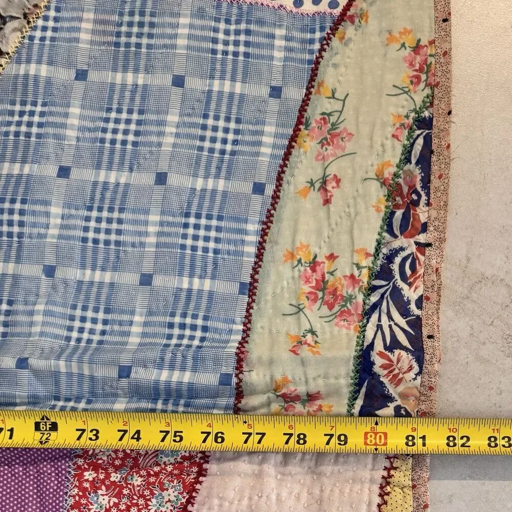 Vintage Abstract patchwork quilt Blue Pink Yellow Red Green Thin 69”x80” Read